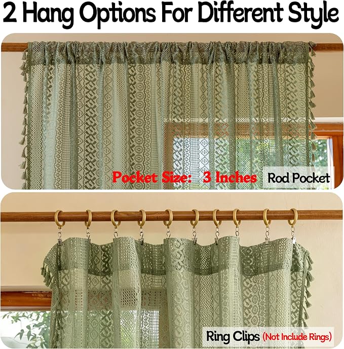 Sutuo Home Sage Green Boho Sheer Curtains 2 Panels for Bedroom Living Room | Vintage Lace Curtains Drape Bohemian French Country Privacy Crochet Light Filtering Tassels Christmas Rod Pocket, 50" x 90"