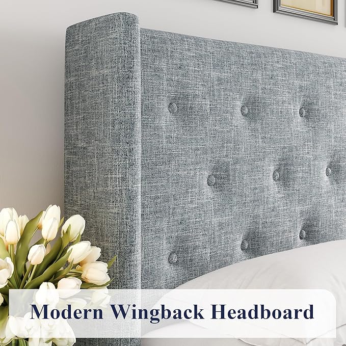 Allewie Queen Size Lift Up Storage Button-Tufted Bed Frame Blue Grey | Modern Wingback Headboard, Hydraulic Support Storage, No Box Spring Needed
