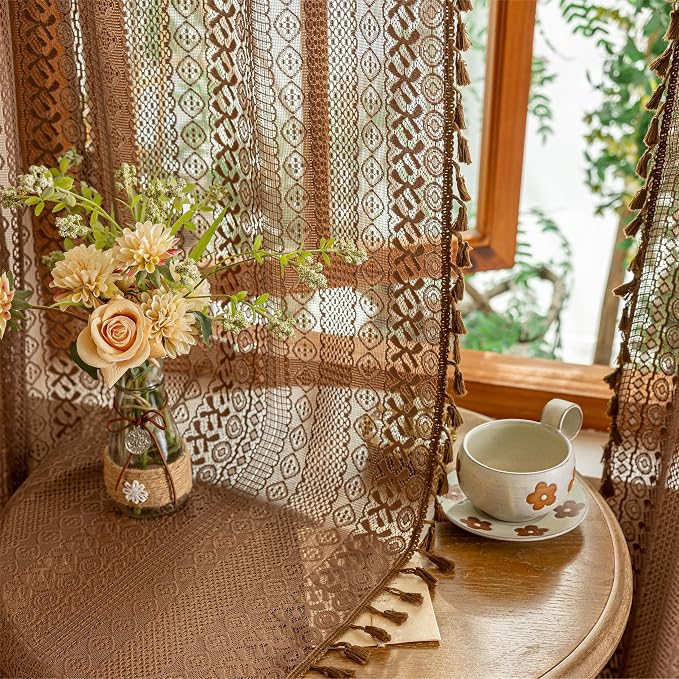 Sutuo Home Dark Coffee Boho Lace Curtains 108 inches Long for Bedroom Living Room, Caramel Sheer Window Curtains Bohemian Crochet Privacy Vintage Tassels Cottagecore Decor Rod Pocket,2 Panels 50" W