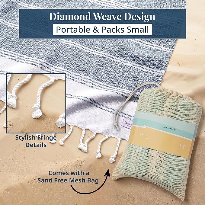 LANE LINEN Beach Blanket Sand Free, Soft & Large Beach Towel - Navy Blazer | Oversized Beach Mat, 82"x82" - For Sand, Grass, Gravel & Poolside - Folds Compact, Easy To Carry - Roomy Family Size