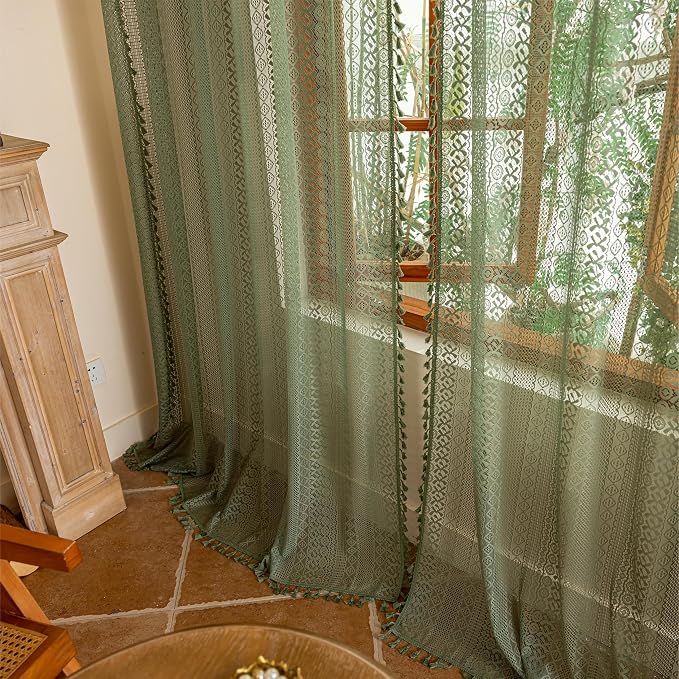 Sutuo Home Olive Green Boho Lace Curtains 84 Inches Long for Living Room&Bedroom, Bohemian Sheer Crochet Farmhouse Vintage Tassels Retro Christmas Privacy Window Curtains Rod Pocket,2 Panels 50" W