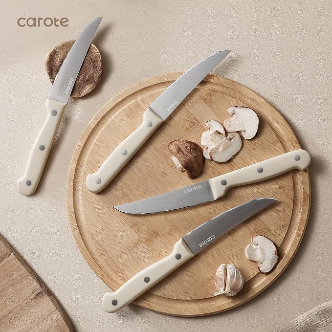 CAROTE 14-Piece Knife Set with Wood Block, Rust-Resistant, Cream | Razor-Sharp High Carbon Stainless Steel Knives, Long-Lasting Sharpness, Forged, Triple-Riveted Ergonomic Non-Slip Handles