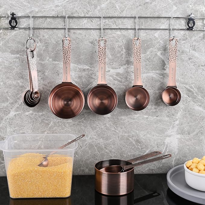 Copper Measuring Cups and Spoons Set 14, Stainless Steel Measuring Cups and Spoons set, Metal 6 Measure Cup and 7 Measure Spoon with 1 Leveler for Kitchen & Baking