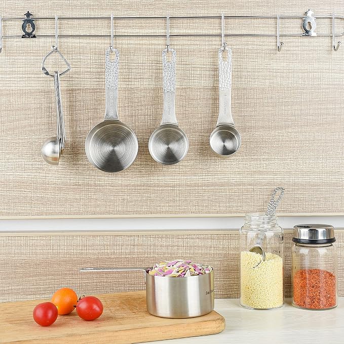 18/8 Stainless Steel Measuring Cups and Spoons Set 10 for Baking & Kitchen, Metric & US Metal 4 Measuring Cups and 5 Measuring Spoons with 1 Leveler