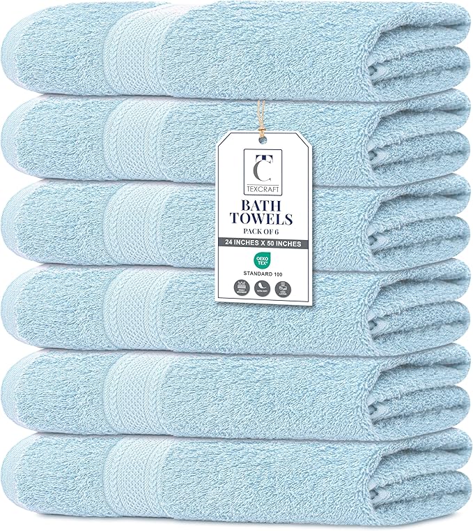 Large Bath Towels Set of 6 – 100% Cotton Terry – 24" x 50" – Quick Dry, Soft & Highly Absorbent – Sky Blue Towels for Bathroom, Gym, Spa, Pool & Daily Use