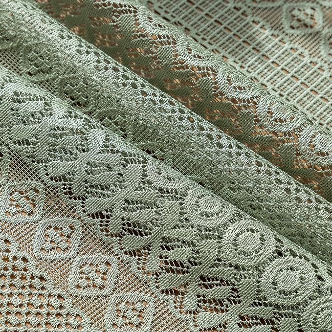Sutuo Home Sage Green Lace Boho Curtains Drape 2 Panels 45 Inch Length | Semi Sheer Small Window Curtains for Kitchen Cafe Crochet Vintage Tassels Bohemian Privacy Rustic Geometry Rod Pocket, 50" W