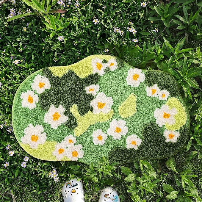 YIKUSH Bathroom Rugs for Living Room Green Moss Rug Cute Bath Mat with Small Flower Non Slip Bath Mats for Bathroom Floral Washable Rug (32x20 inches)