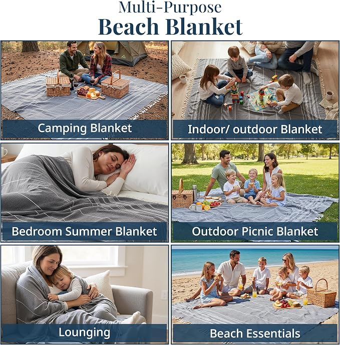 LANE LINEN Beach Blanket Sand Free, Cotton & Big Beach Towel - Smokey Black