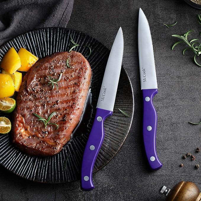 McCook MC27 14 Pieces Stainless Steel kitchen knife set with Wooden Block, Kitchen Scissors and Built-in Sharpener, Purple | German Forged Stainless Steel,15 PC,Razor Sharp, Anti-Rust, Ergonomic Handle,Full Tang,Vibrant Purple,Gift Box