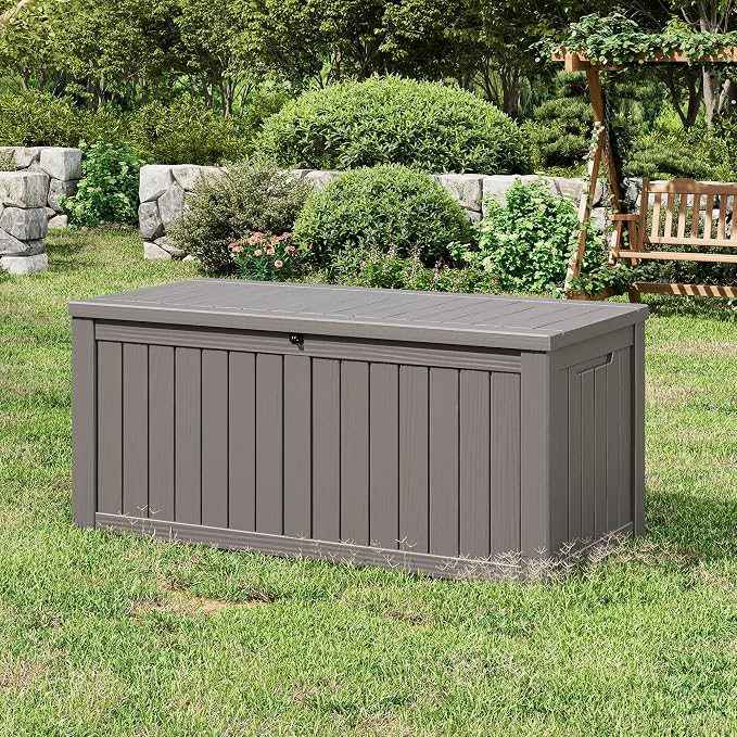 150 Gal Deck Box,Outdoor Storage Box Waterproof Lockable,Gas Lift,Grey | Large Resin Deck Box, UV-resistant all-weather, lockable storage for patio furniture, garden tools, pool accessories, black