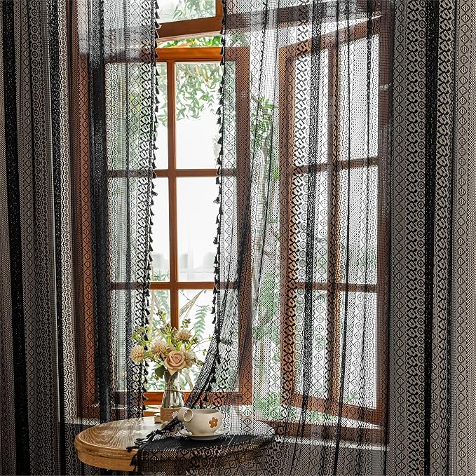 Sutuo Home Black Boho Sheer Curtains 84 inches Long for Bedroom Living Room, Bohemian Lace Window Curtains Crochet Privacy Farmhouse Vintage Chic Tassels Darkening Decor Rod Pocket, 2 Panels 50" W