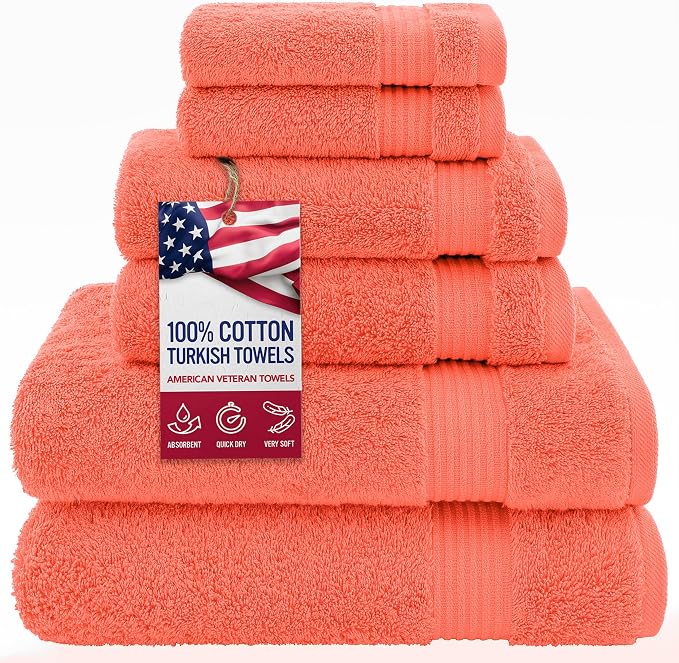 American Veteran Towel, 100% Cotton Turkish 6 Piece Towel Set, Luxury Towels Set of 6 for Bathroom Essentials, 2 Bath Towels 2 Hand Towels 2 Washcloths, Coral