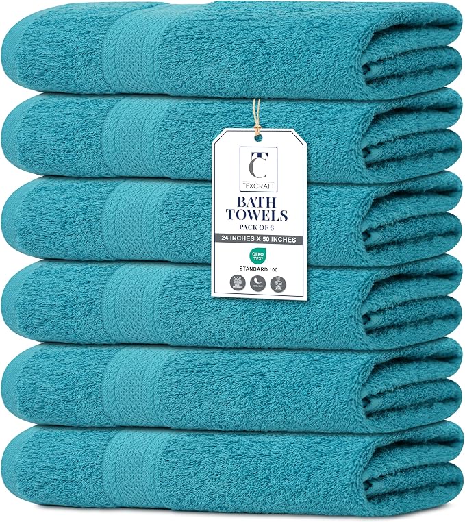 Large Bath Towels Set of 6 – 100% Cotton Terry – 24" x 50" – Quick Dry, Soft & Highly Absorbent – Teal Blue Towels for Bathroom, Gym, Spa, Pool & Daily Use