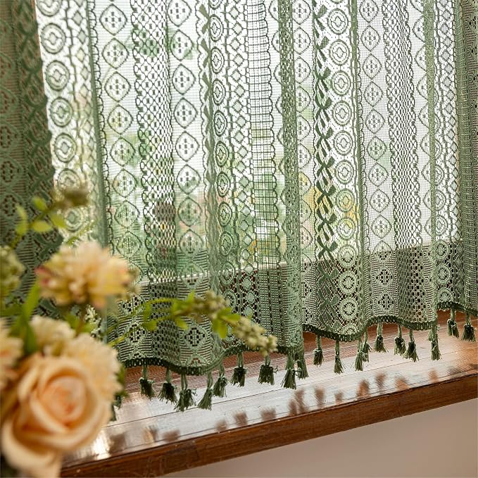 Sutuo Home Olive Green Boho Window Curtains Valance 18 inches Long 2 Panels, Farmhouse Lace Sheer Closet Decor Crochet Privacy Vintage Bohemian Tassels Retro Small Kitchen Curtains Rod Pocket, 50" W