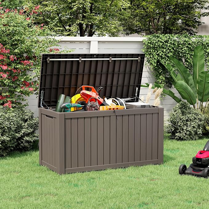 Outdoor Storage Box, 180 Gallon Large Outdoor Resin Deck Box, Storage Waterproof Boxes Lockable Lid for Garden Tools, Pool Supplies, Patio Furniture and Cushions, Grey
