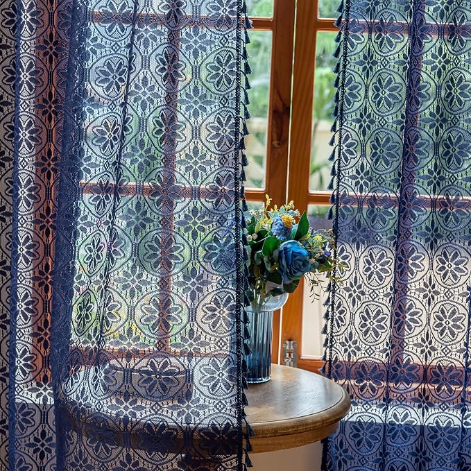 Sutuo Home Boho Lace Curtains for Living Room Dining Room, Floral Semi Sheer Curtains with Tassels Cottagecore Farmhouse Privacy Crochet Vintage Chic Drape Rod Pocket, 2 Panels 50" x 96" Navy Blue