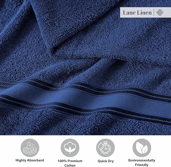 LANE LINEN Luxury Bath Towels Set - 3 Piece 100% Cotton Bathroom Towels, Quick Dry, Extra Aborbent, Super Soft Towels Set 1 Hand Towel, 1 Wash Cloths, 1 Bath Towel, Navy Blue