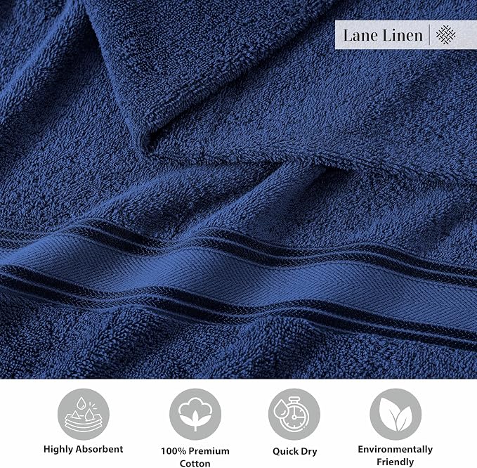 LANE LINEN 100% Cotton 4 Pack Bath Towels (30"x60") - Zero Twist, Mercerized Cotton Towels Set for Bathroom - Quick Dry, Soft & Absorbent Large Bath Towel Set - Dorm Essentials for Boys - Navy Blue