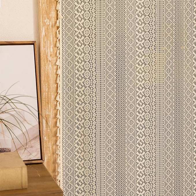 Sutuo Home Boho Doorway Curtains for Closet Patio, Lace Sheer Door Curtains for Doorway Crochet Vintage Chic Tassels Bohemian Temporary Room Divider Privacy Rustic Geometry Rod Pocket, 37" x 80" Beige