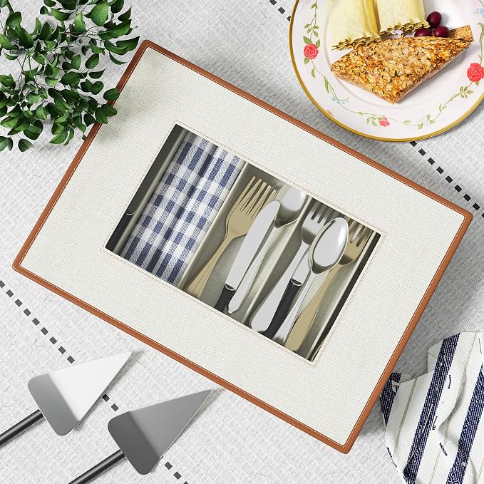 2-Pack Flatware Storage Box, Silverware Organizer with Clear Lid, Ivory | Utensil Storage Case with Adjustable Dividers, Quilted, Stackable, Dual Zippers, Reinforced Handles for Moving and Storage