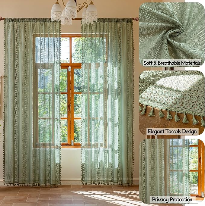 Sutuo Home Sage Green Boho Sheer Curtains 2 Panels for Bedroom Living Room | Vintage Lace Curtains Drape Bohemian French Country Privacy Crochet Light Filtering Tassels Christmas Rod Pocket, 50" x 90"