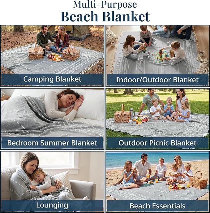 LANE LINEN Beach Blanket Sand Free, Picnic & Giant Beach Towel - Grey | Oversized Beach Towels, 82"x82" - Room For The Whole Family & Friends - Folds Compact, Easy To Carry - Roomy Family Size