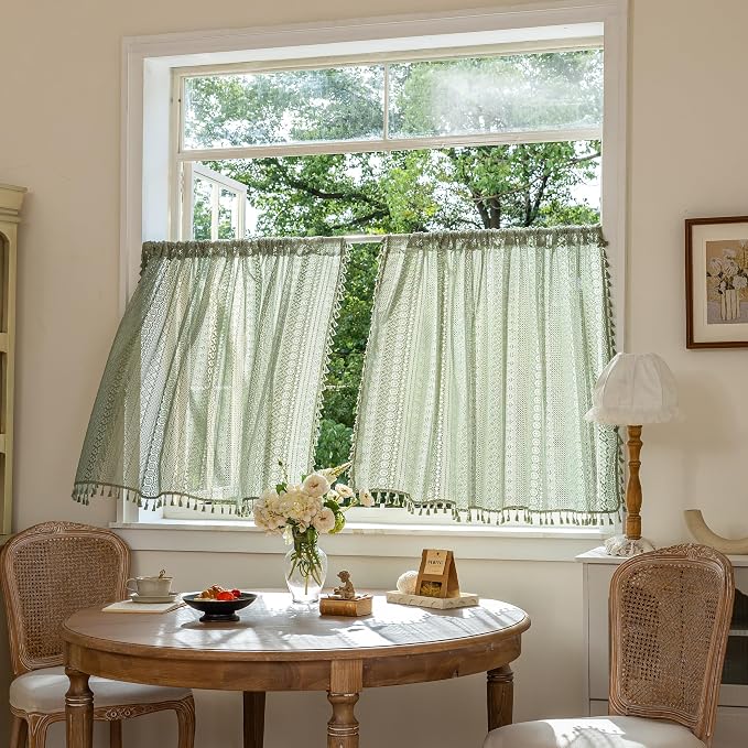Sutuo Home Sage Green Boho Lace Short Curtains 2 Panels 50" W x 36" L | Sheer Valance Curtains For Kitchen Window Over Sink Drape Closet Crochet Privacy Farmhouse Vintage Tassels Rod Pocket