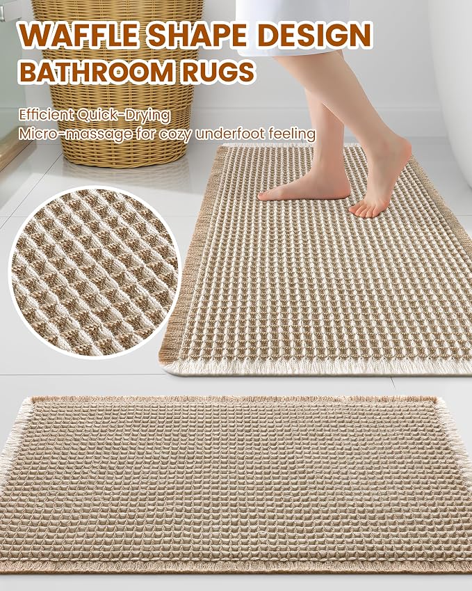 Smiry Waffle Bath Mat 30x18, Extra Soft Absorbent Bathroom Rugs, Non Slip Machine Washable Quick Dry Bath Rugs for Bathroom Floor, Tub, Shower, Home Decor Accessories, Brown & Cream