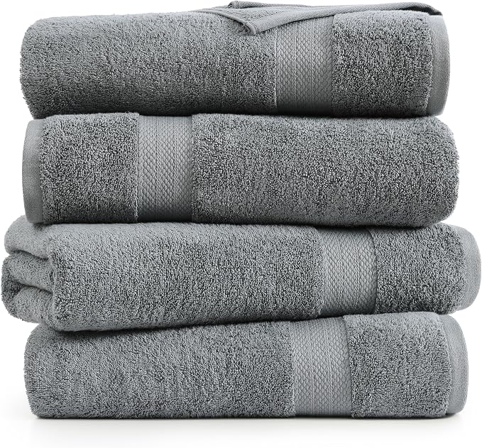LANE LINEN Bath Sheet Quick Dry 100% Cotton 4 Pack Soft - Cool Grey | Towels For Dorm - Densely Woven, Coordinated Colors, Everyday Durability, OEKO-TEX Certified, Ring-Spun Durability