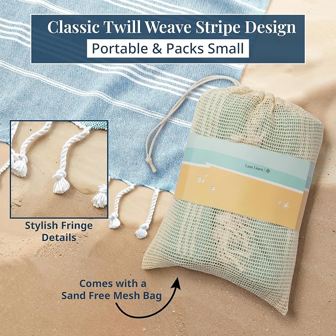 LANE LINEN Beach Blanket Sand Free, Picnic & Cotton Beach Towel - Sky Blue | Oversized Beach Blanket, 82"x82" - Beach, Backyard, Boat & Campsite Ready - Quick-Dry Weave, Dries Fast - Roomy Family Size