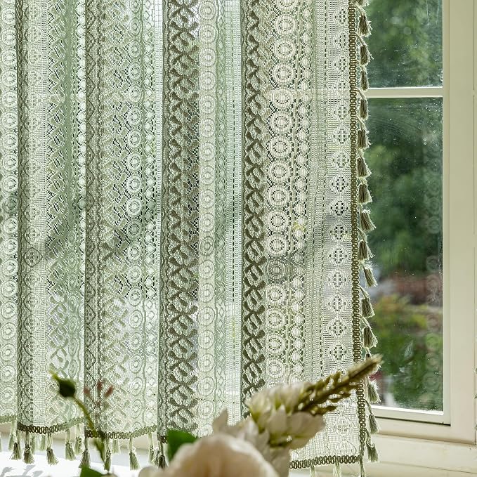 Sutuo Home Sage Green Lace Boho Curtains Drape 2 Panels 45 Inch Length | Semi Sheer Small Window Curtains for Kitchen Cafe Crochet Vintage Tassels Bohemian Privacy Rustic Geometry Rod Pocket, 50" W