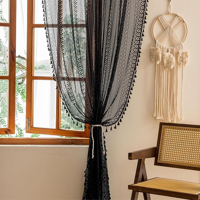 Sutuo Home Black Boho Sheer Curtains 84 inches Long for Bedroom Living Room, Bohemian Lace Window Curtains Crochet Privacy Farmhouse Vintage Chic Tassels Darkening Decor Rod Pocket, 2 Panels 50" W