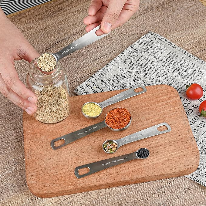 Stainless Steel Measuring Cups and Spoons Set, 18/8(304) Steel Material Heavy Duty 5 Measuring cups and 5 Measuring Spoons 1 Leveler and 2 rings Pack 13pcs Per set
