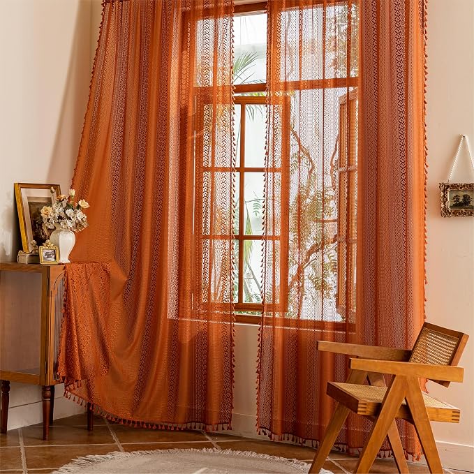 Sutuo Home Sheer Lace Boho Curtains 2 Panels for Living Room Home Office, Burnt Orange Window Curtains Farmhouse Privacy Vintage Chic Tassels Rustic Halloween Decor Rod Pocket, 50" x 102" Terracotta