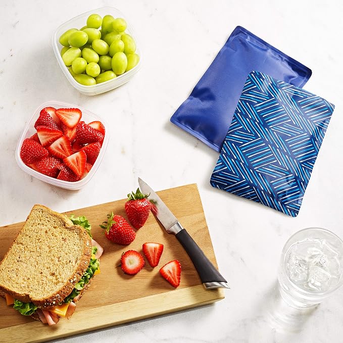 Fit & Fresh Cool Coolers Soft Ice,Flexible Stretch Nylon Reusable Ice Packs for Lunch Boxes & Coolers,Navy Sketch Weave-& Blue,2 Count (Pack of 12)