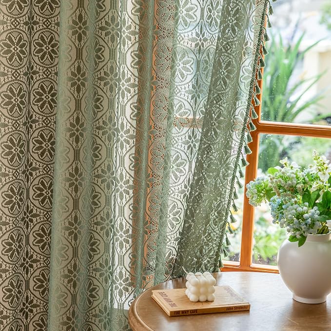 Sutuo Home Olive Green Boho Lace Curtains 2 Panels for Kitchen Kid's Room,Bohemian Floral Light Filtering Crochet Vintage Country Rustic Tassels Drape Privacy Window Treatments Rod Pocket, 50" x 63"