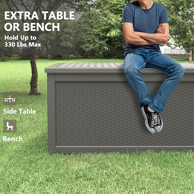 330 Gallon Outdoor Storage Box, Resin Large Deck Box Outdoor Waterproof Storage Bench with Lockable Lid for Patio Cushions, Garden Tools, Package Delivery, Pool Supplies, Grey