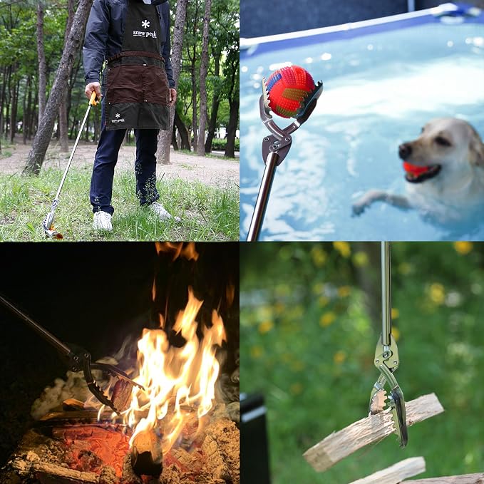 FTH Stainless Steel Grabber Reacher Pickup Tool Heavy Duty Trash Picker 31" | Log BBQ fireplace pits snake tongs plogging tool no wire design outdoor yard cleanup litter picker leaves branches sticks