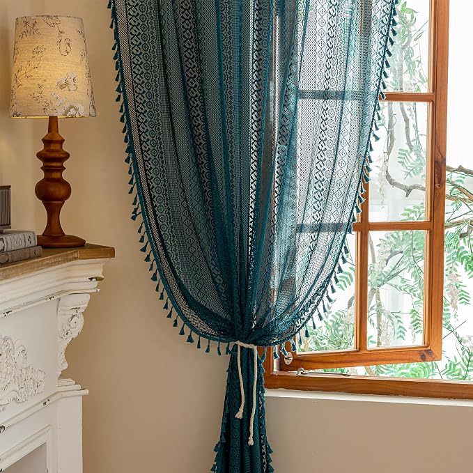 Sutuo Home Boho Lace Teal Curtains 96 inches Long for Living Room Bedroom, Semi Sheer Curtains Turquoise Farmhouse Privacy Crochet Vintage Tassels Window Decor Rod Pocket Decor, 2 Panels 50" W