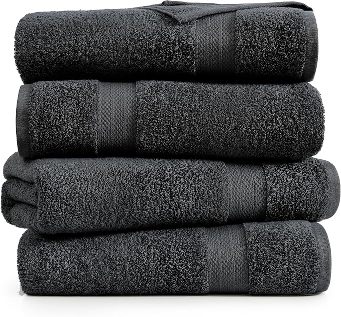 LANE LINEN Large Bath Sheets Absorbent Quick Dry 100% Cotton 4 Pack - Black | Large Bath Sheets - Classic Terry Weave, Densely Woven, Coordinated Colors, Everyday Durability, OEKO-TEX Certified