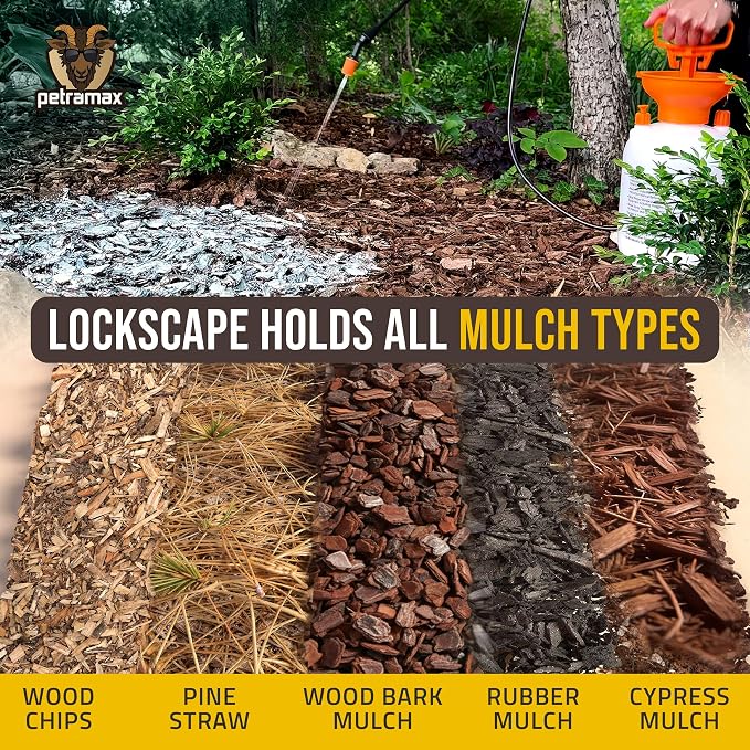 PetraMax Lockscape Mulch Glue for Landscaping, (Made in USA) - Pet-Safe Landscape Adhesive for Pine Straw, Wood Chips - Ready to Spray Mulch Anchor & Landscape Glue Spray for Lawns & Patios (2 Gallon)