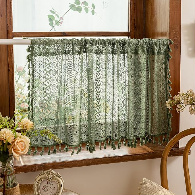 Sutuo Home Olive Green Boho Window Curtains Valance 18 inches Long 2 Panels, Farmhouse Lace Sheer Closet Decor Crochet Privacy Vintage Bohemian Tassels Retro Small Kitchen Curtains Rod Pocket, 50" W