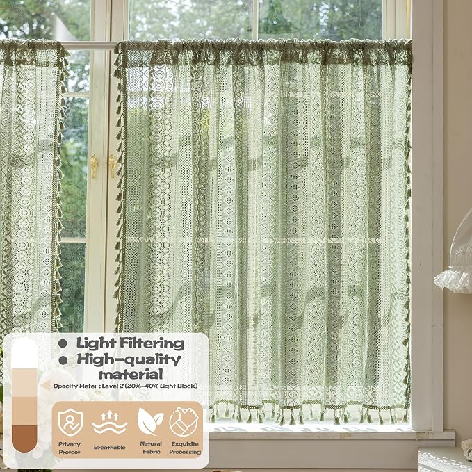 Sutuo Home Sage Green Boho Lace Short Curtains 2 Panels 50" W x 36" L | Sheer Valance Curtains For Kitchen Window Over Sink Drape Closet Crochet Privacy Farmhouse Vintage Tassels Rod Pocket