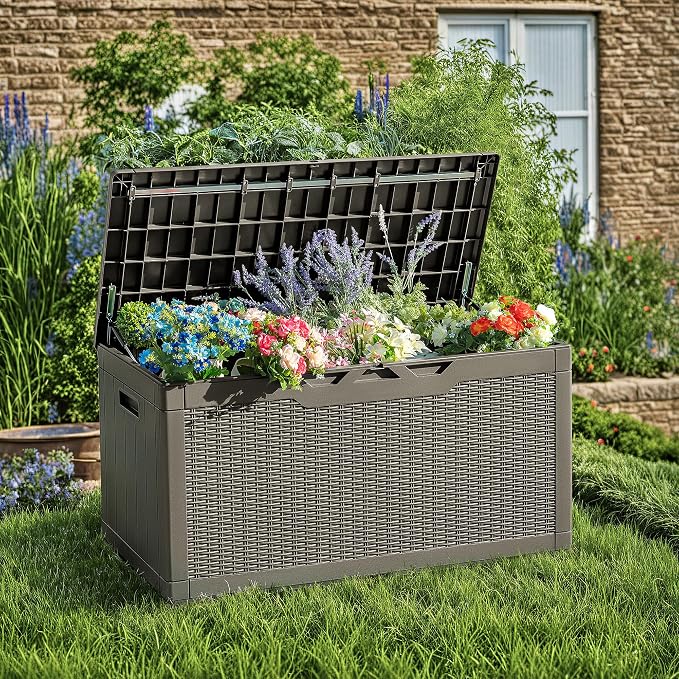 Devoko 97 Gallon Deck Box, Waterproof Resin Outdoor Storage Box for Outside and Patio, Large Outdoor Storage Bench Cabinet Lockable for Patio Furniture, Garden Tools and Pool Supplies (Brown)