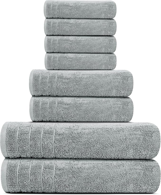 Tens Towels 8 Piece Towel Set, 2 XL Bath, 2 Hand, 4 Washcloth, Cool Grey | 100% Cotton, Lighter Weight, Quicker to Dry, Super Absorbent, Perfect for Bathroom