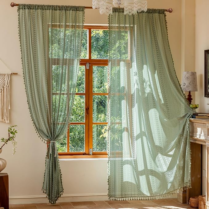 Sutuo Home Sage Green Boho Sheer Curtains 2 Panels for Bedroom Living Room | Vintage Lace Curtains Drape Bohemian French Country Privacy Crochet Light Filtering Tassels Christmas Rod Pocket, 50" x 90"
