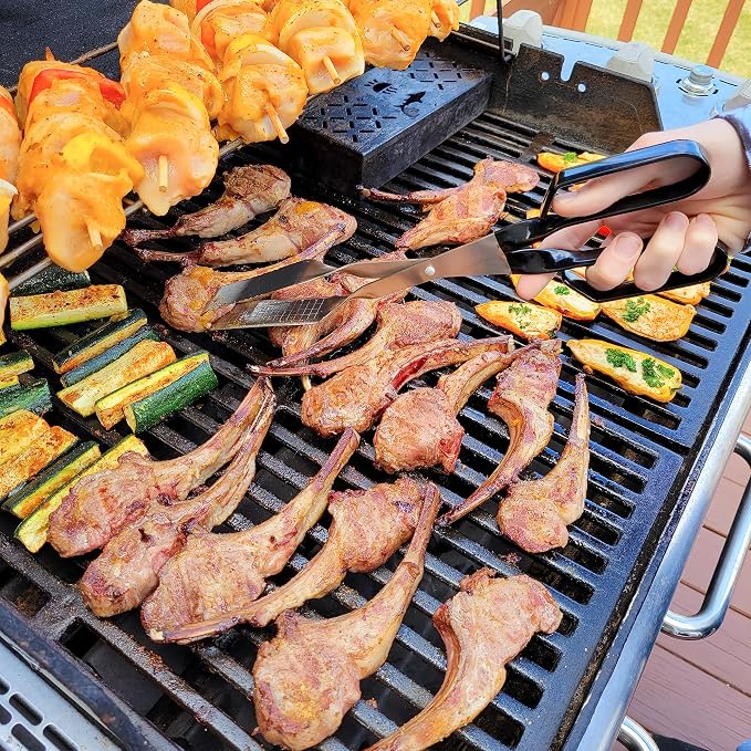 Tongs for Steaks, 2-Pack 17" & 13" Professional Kitchen and Outdoor Grilling Utensil Set, by Shark BBQ Grill Tongs -(Black)