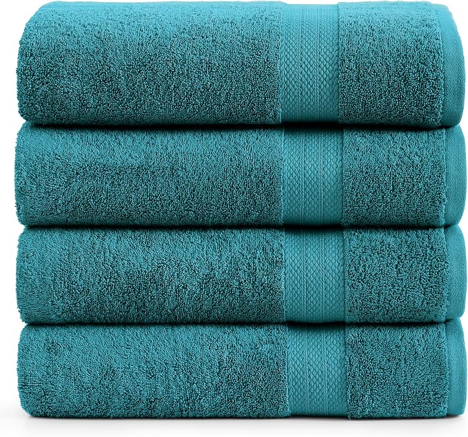 LANE LINEN Bathroom Towel Set 4 Piece Soft Absorbent Quick Dry - Sea Port | Cotton Towel Set - Coordinated Colors, Dobby Border Accent, OEKO-TEX Certified, Ring-Spun Durability, Ring-Spun Cotton