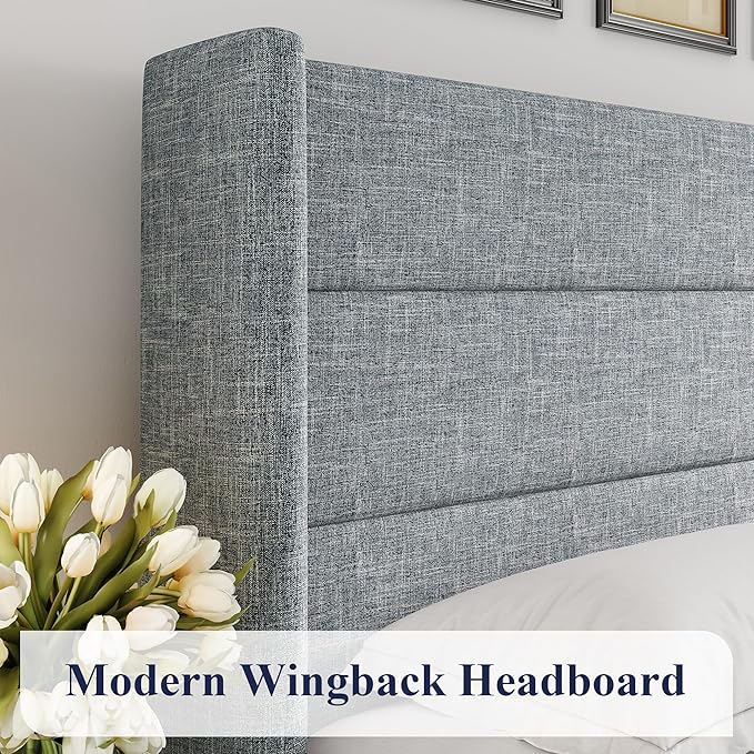 Allewie Queen Size Lift Up Hydraulic Storage Bed Frame Blue Grey | Modern Wingback Headboard, Hydraulic Support Storage, No Box Spring Needed