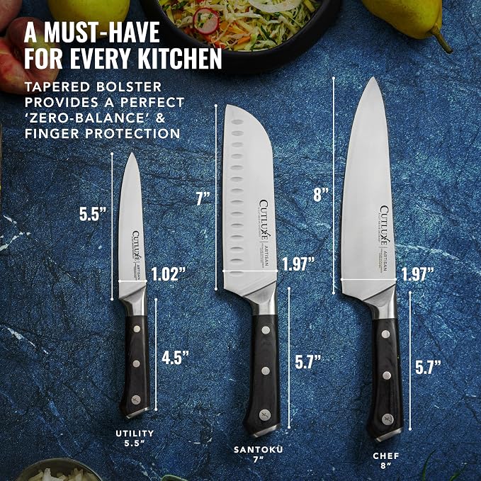 Cutluxe Chef Knife Set, 3-Piece Kitchen Knives – Razor Sharp German Steel | Professional Full Tang Blades with Ergonomic Handles – Artisan Series, Forged High Carbon